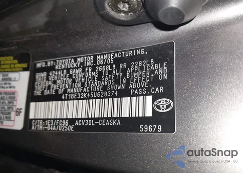 2005 Toyota Camry Se z USA, uszkodzony, nr VIN 4T1BE32K45U628374